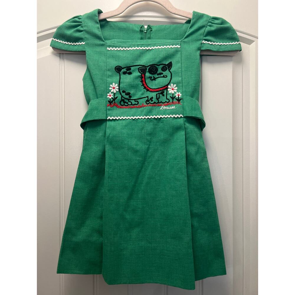 Vintage Dorissa Girls Puff Sleeve Dog Embroidery Ric-Rac‎ Trim Dress 6X Green